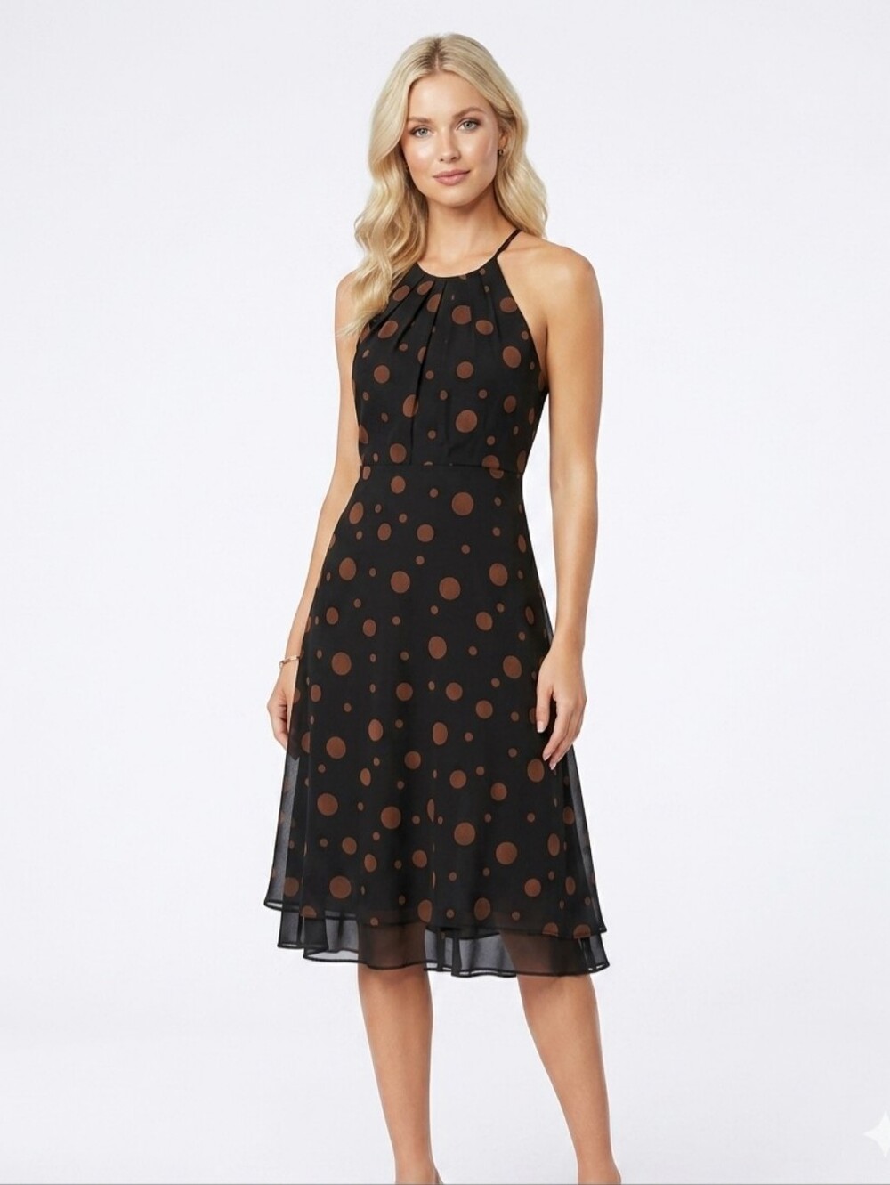 Jones Wear Black Polka Dot Halter Midi Dress - Brown Dot